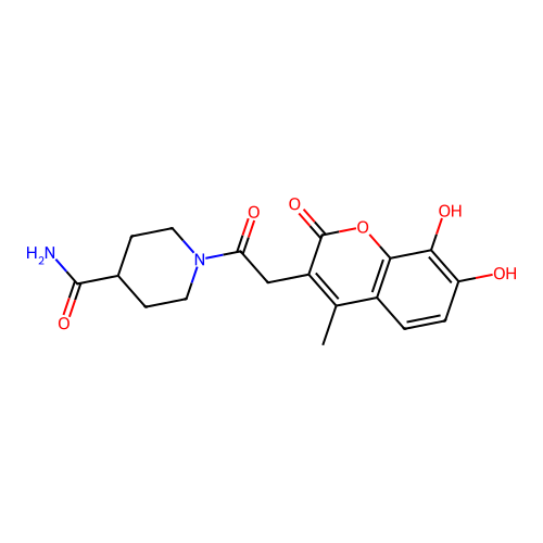 1-(2-(7,8-dihydroxy-4-methyl-2-oxo-2H-chromen-3-yl)acetyl)piperidine-4-carboxamide structure