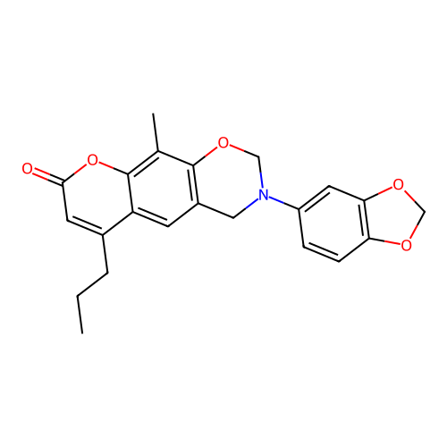 3-(benzo[d][1,3]dioxol-5-yl)-10-methyl-6-propyl-3,4-dihydrochromeno[6,7-e][1,3]oxazin-8(2H)-one structure