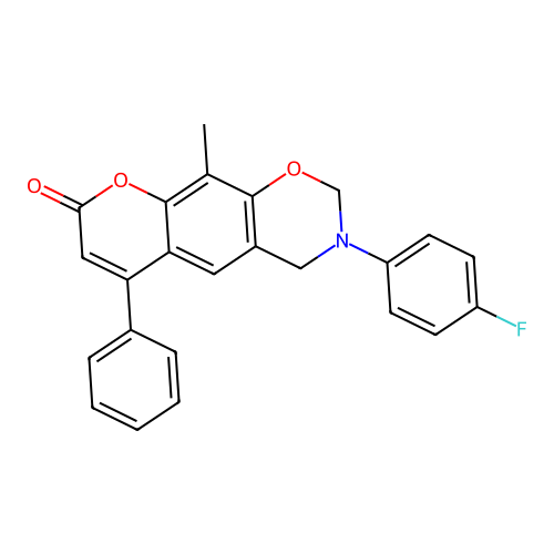 3-(4-fluorophenyl)-10-methyl-6-phenyl-3,4-dihydrochromeno[6,7-e][1,3]oxazin-8(2H)-one structure