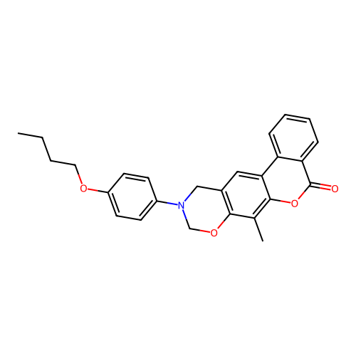 10-(4-butoxyphenyl)-7-methyl-10,11-dihydrobenzo[3,4]chromeno[6,7-e][1,3]oxazin-5(9H)-one structure