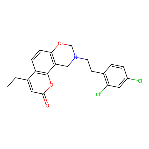 9-(2,4-dichlorophenethyl)-4-ethyl-9,10-dihydrochromeno[8,7-e][1,3]oxazin-2(8H)-one structure