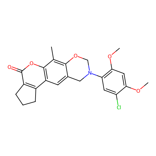 9-(5-chloro-2,4-dimethoxyphenyl)-6-methyl-2,3,9,10-tetrahydro-1H-cyclopenta[3,4]chromeno[6,7-e][1,3]oxazin-4(8H)-one structure