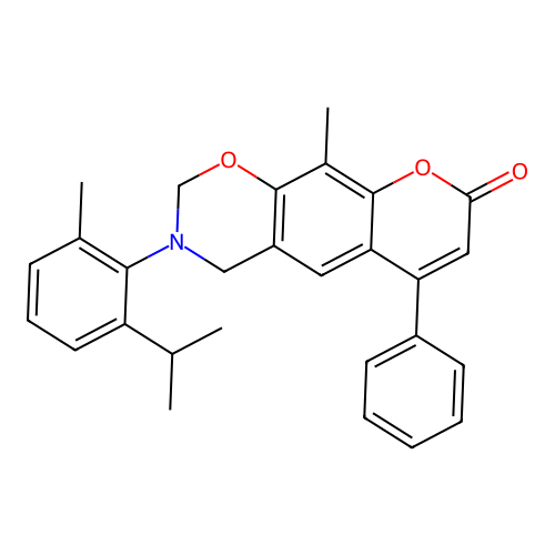 3-(2-isopropyl-6-methylphenyl)-10-methyl-6-phenyl-3,4-dihydrochromeno[6,7-e][1,3]oxazin-8(2H)-one structure