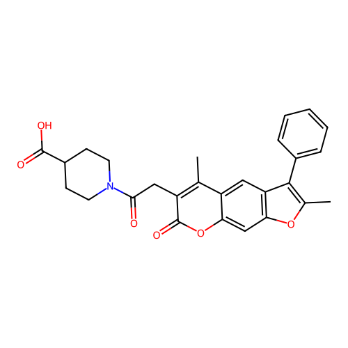 1-(2-(2,5-dimethyl-7-oxo-3-phenyl-7H-furo[3,2-g]chromen-6-yl)acetyl)piperidine-4-carboxylic acid structure