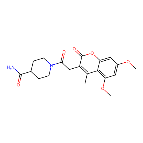 1-[(5,7-dimethoxy-4-methyl-2-oxo-2H-chromen-3-yl)acetyl]piperidine-4-carboxamide structure