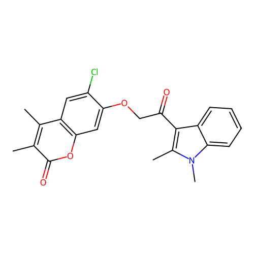 6-chloro-7-(2-(1,2-dimethyl-1H-indol-3-yl)-2-oxoethoxy)-3,4-dimethyl-2H-chromen-2-one structure
