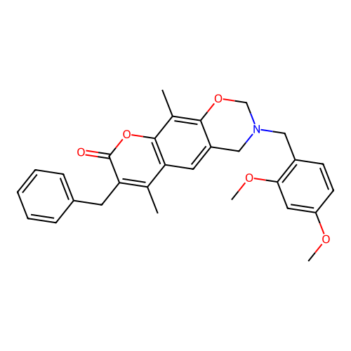 7-benzyl-3-(2,4-dimethoxybenzyl)-6,10-dimethyl-3,4-dihydrochromeno[6,7-e][1,3]oxazin-8(2H)-one structure