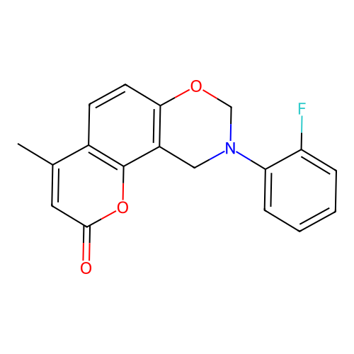 9-(2-fluorophenyl)-4-methyl-9,10-dihydrochromeno[8,7-e][1,3]oxazin-2(8H)-one structure