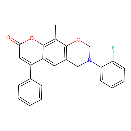 3-(2-fluorophenyl)-10-methyl-6-phenyl-3,4-dihydrochromeno[6,7-e][1,3]oxazin-8(2H)-one structure