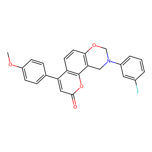 9-(3-fluorophenyl)-4-(4-methoxyphenyl)-9,10-dihydrochromeno[8,7-e][1,3]oxazin-2(8H)-one structure