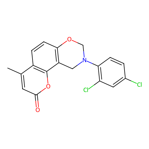9-(2,4-dichlorophenyl)-4-methyl-9,10-dihydrochromeno[8,7-e][1,3]oxazin-2(8H)-one structure