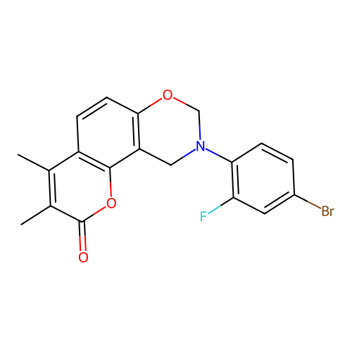 9-(4-bromo-2-fluorophenyl)-3,4-dimethyl-9,10-dihydrochromeno[8,7-e][1,3]oxazin-2(8H)-one structure