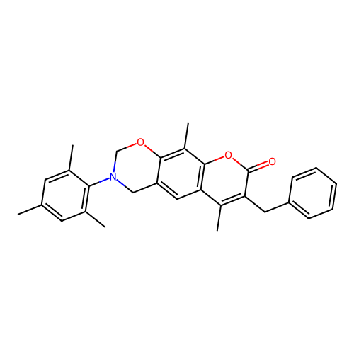 7-benzyl-3-mesityl-6,10-dimethyl-3,4-dihydrochromeno[6,7-e][1,3]oxazin-8(2H)-one structure