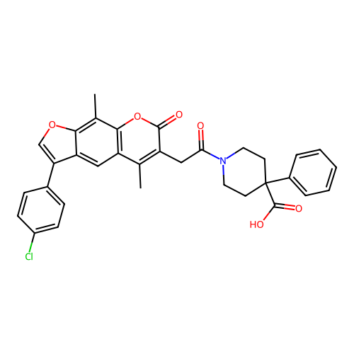 1-(2-(3-(4-chlorophenyl)-5,9-dimethyl-7-oxo-7H-furo[3,2-g]chromen-6-yl)acetyl)-4-phenylpiperidine-4-carboxylic acid structure