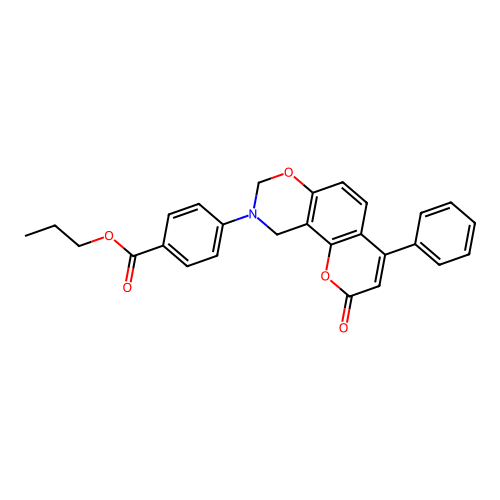 propyl 4-(2-oxo-4-phenylchromeno[8,7-e][1,3]oxazin-9(2H,8H,10H)-yl)benzoate structure