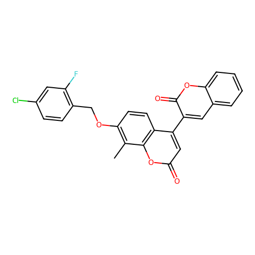7'-((4-chloro-2-fluorobenzyl)oxy)-8'-methyl-2H,2'H-[3,4'-bichromene]-2,2'-dione structure