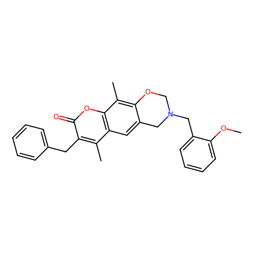 7-benzyl-3-(2-methoxybenzyl)-6,10-dimethyl-3,4-dihydrochromeno[6,7-e][1,3]oxazin-8(2H)-one structure