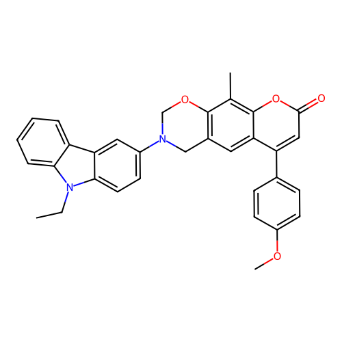 3-(9-ethyl-9H-carbazol-3-yl)-6-(4-methoxyphenyl)-10-methyl-3,4-dihydrochromeno[6,7-e][1,3]oxazin-8(2H)-one structure