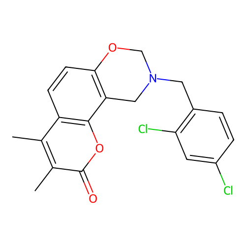 9-(2,4-dichlorobenzyl)-3,4-dimethyl-9,10-dihydrochromeno[8,7-e][1,3]oxazin-2(8H)-one structure