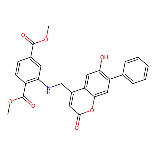 1,4-dimethyl 2-{[(6-hydroxy-2-oxo-7-phenyl-2H-chromen-4-yl)methyl]amino}benzene-1,4-dicarboxylate structure