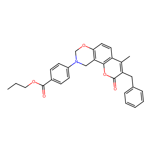 propyl 4-(3-benzyl-4-methyl-2-oxochromeno[8,7-e][1,3]oxazin-9(2H,8H,10H)-yl)benzoate structure