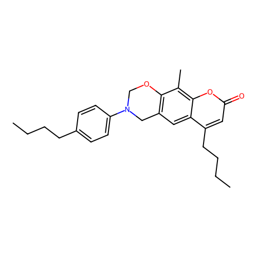 6-butyl-3-(4-butylphenyl)-10-methyl-3,4-dihydrochromeno[6,7-e][1,3]oxazin-8(2H)-one structure