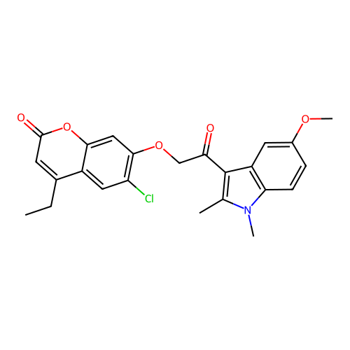 6-chloro-4-ethyl-7-(2-(5-methoxy-1,2-dimethyl-1H-indol-3-yl)-2-oxoethoxy)-2H-chromen-2-one structure