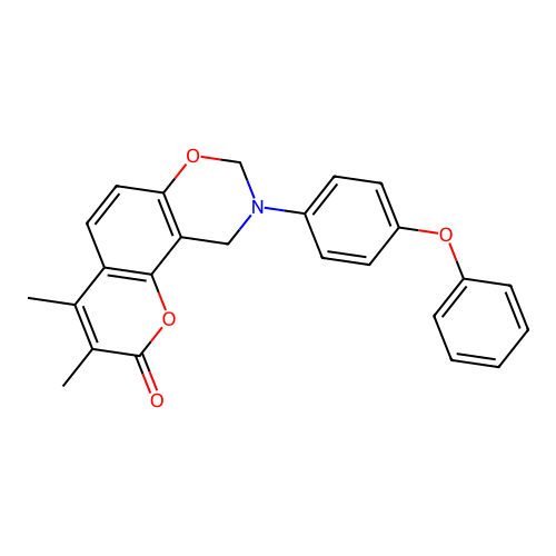 3,4-dimethyl-9-(4-phenoxyphenyl)-9,10-dihydrochromeno[8,7-e][1,3]oxazin-2(8H)-one structure