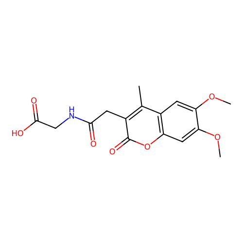 N-[(6,7-dimethoxy-4-methyl-2-oxo-2H-chromen-3-yl)acetyl]glycine structure