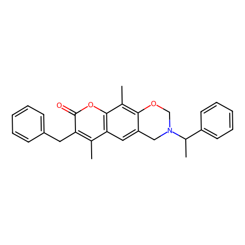 7-benzyl-6,10-dimethyl-3-(1-phenylethyl)-3,4-dihydrochromeno[6,7-e][1,3]oxazin-8(2H)-one structure
