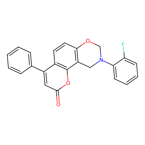 9-(2-fluorophenyl)-4-phenyl-9,10-dihydrochromeno[8,7-e][1,3]oxazin-2(8H)-one structure