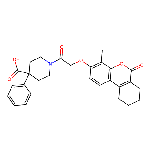 1-(2-((4-methyl-6-oxo-7,8,9,10-tetrahydro-6H-benzo[c]chromen-3-yl)oxy)acetyl)-4-phenylpiperidine-4-carboxylic acid structure