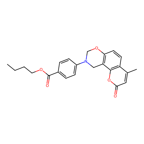 butyl 4-(4-methyl-2-oxochromeno[8,7-e][1,3]oxazin-9(2H,8H,10H)-yl)benzoate structure