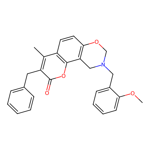 3-benzyl-9-(2-methoxybenzyl)-4-methyl-9,10-dihydrochromeno[8,7-e][1,3]oxazin-2(8H)-one structure