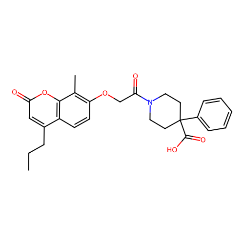 1-(2-((8-methyl-2-oxo-4-propyl-2H-chromen-7-yl)oxy)acetyl)-4-phenylpiperidine-4-carboxylic acid structure