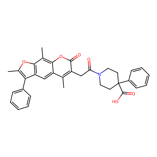 4-phenyl-1-(2-(2,5,9-trimethyl-7-oxo-3-phenyl-7H-furo[3,2-g]chromen-6-yl)acetyl)piperidine-4-carboxylic acid structure