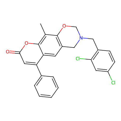 3-(2,4-dichlorobenzyl)-10-methyl-6-phenyl-3,4-dihydrochromeno[6,7-e][1,3]oxazin-8(2H)-one structure