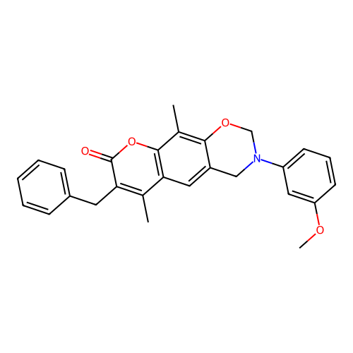 7-benzyl-3-(3-methoxyphenyl)-6,10-dimethyl-3,4-dihydrochromeno[6,7-e][1,3]oxazin-8(2H)-one structure
