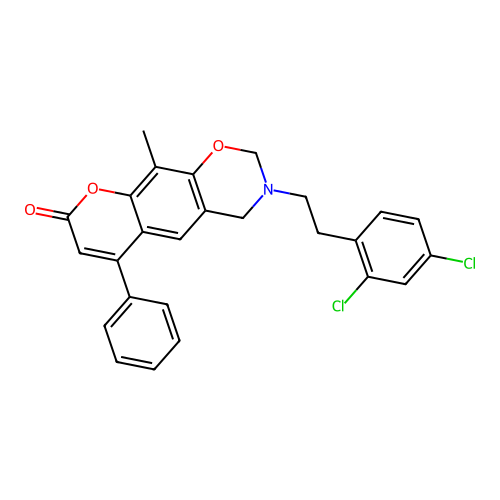 3-(2,4-dichlorophenethyl)-10-methyl-6-phenyl-3,4-dihydrochromeno[6,7-e][1,3]oxazin-8(2H)-one structure