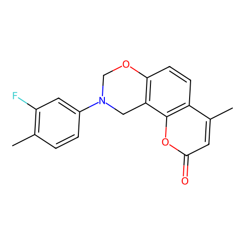 9-(3-fluoro-4-methylphenyl)-4-methyl-9,10-dihydrochromeno[8,7-e][1,3]oxazin-2(8H)-one structure