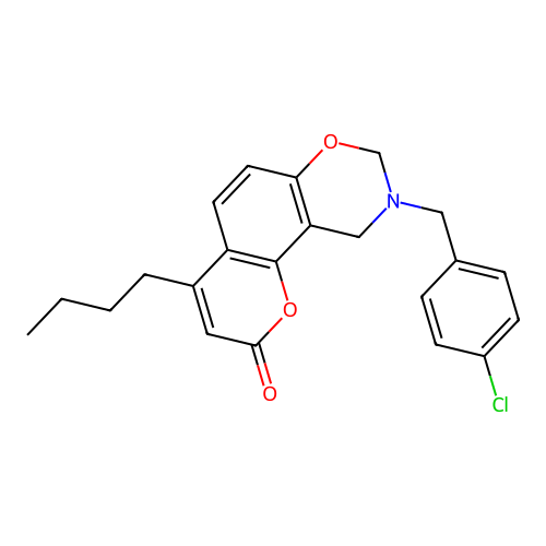 4-butyl-9-(4-chlorobenzyl)-9,10-dihydrochromeno[8,7-e][1,3]oxazin-2(8H)-one structure
