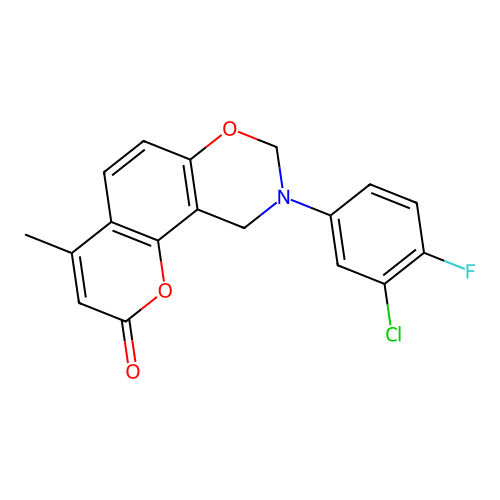 9-(3-chloro-4-fluorophenyl)-4-methyl-9,10-dihydrochromeno[8,7-e][1,3]oxazin-2(8H)-one structure