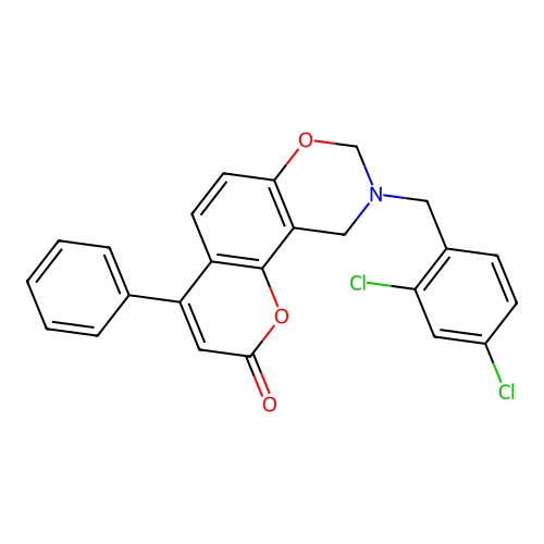 9-(2,4-dichlorobenzyl)-4-phenyl-9,10-dihydrochromeno[8,7-e][1,3]oxazin-2(8H)-one structure
