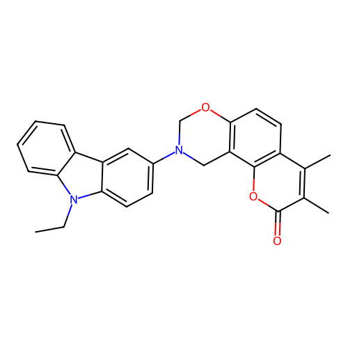 9-(9-ethyl-9H-carbazol-3-yl)-3,4-dimethyl-9,10-dihydrochromeno[8,7-e][1,3]oxazin-2(8H)-one structure