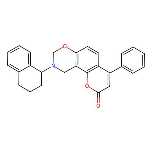 4-phenyl-9-(1,2,3,4-tetrahydronaphthalen-1-yl)-9,10-dihydrochromeno[8,7-e][1,3]oxazin-2(8H)-one structure
