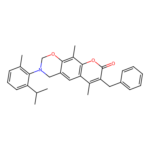 7-benzyl-3-(2-isopropyl-6-methylphenyl)-6,10-dimethyl-3,4-dihydrochromeno[6,7-e][1,3]oxazin-8(2H)-one structure