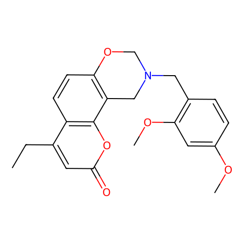 9-(2,4-dimethoxybenzyl)-4-ethyl-9,10-dihydrochromeno[8,7-e][1,3]oxazin-2(8H)-one structure