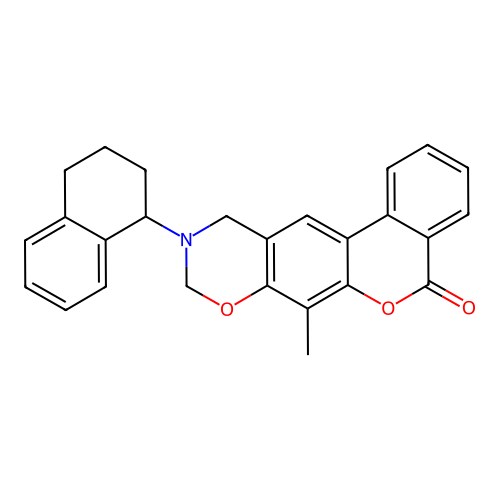 7-methyl-10-(1,2,3,4-tetrahydronaphthalen-1-yl)-10,11-dihydrobenzo[3,4]chromeno[6,7-e][1,3]oxazin-5(9H)-one structure