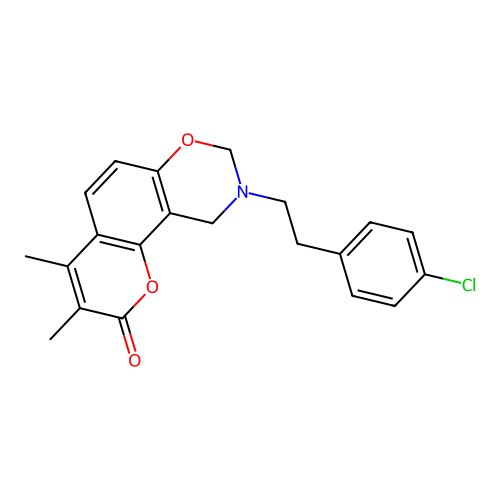 9-(4-chlorophenethyl)-3,4-dimethyl-9,10-dihydrochromeno[8,7-e][1,3]oxazin-2(8H)-one structure