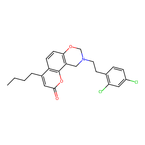 4-butyl-9-(2,4-dichlorophenethyl)-9,10-dihydrochromeno[8,7-e][1,3]oxazin-2(8H)-one structure